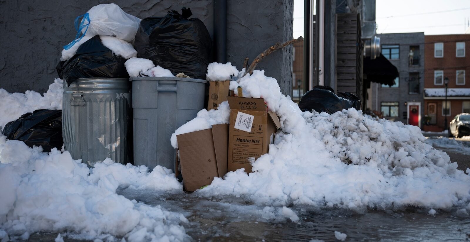 Snow stays piled up as temperatures remain below freezing on Tuesday, Feb. 24, 2026 in Philadelphia.