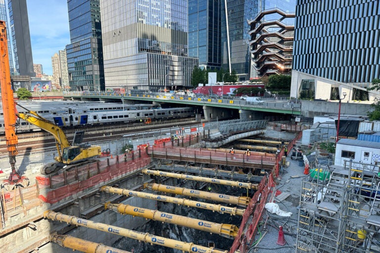 Construction on a rail tunnel between New York and New Jersey is shown