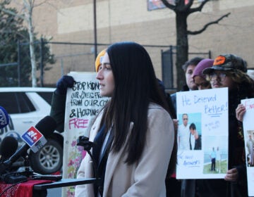 Victoria Peña-Parr speaking at a podium during the press conference