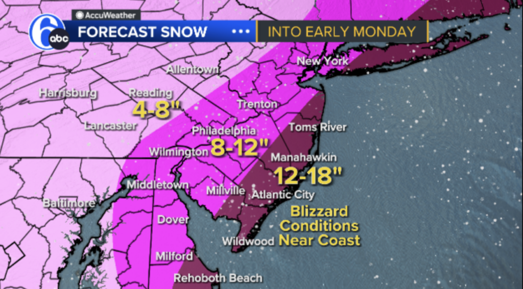 A weather forecast map shows significant snowfall is expected across the Philadelphia region Sunday through Monday