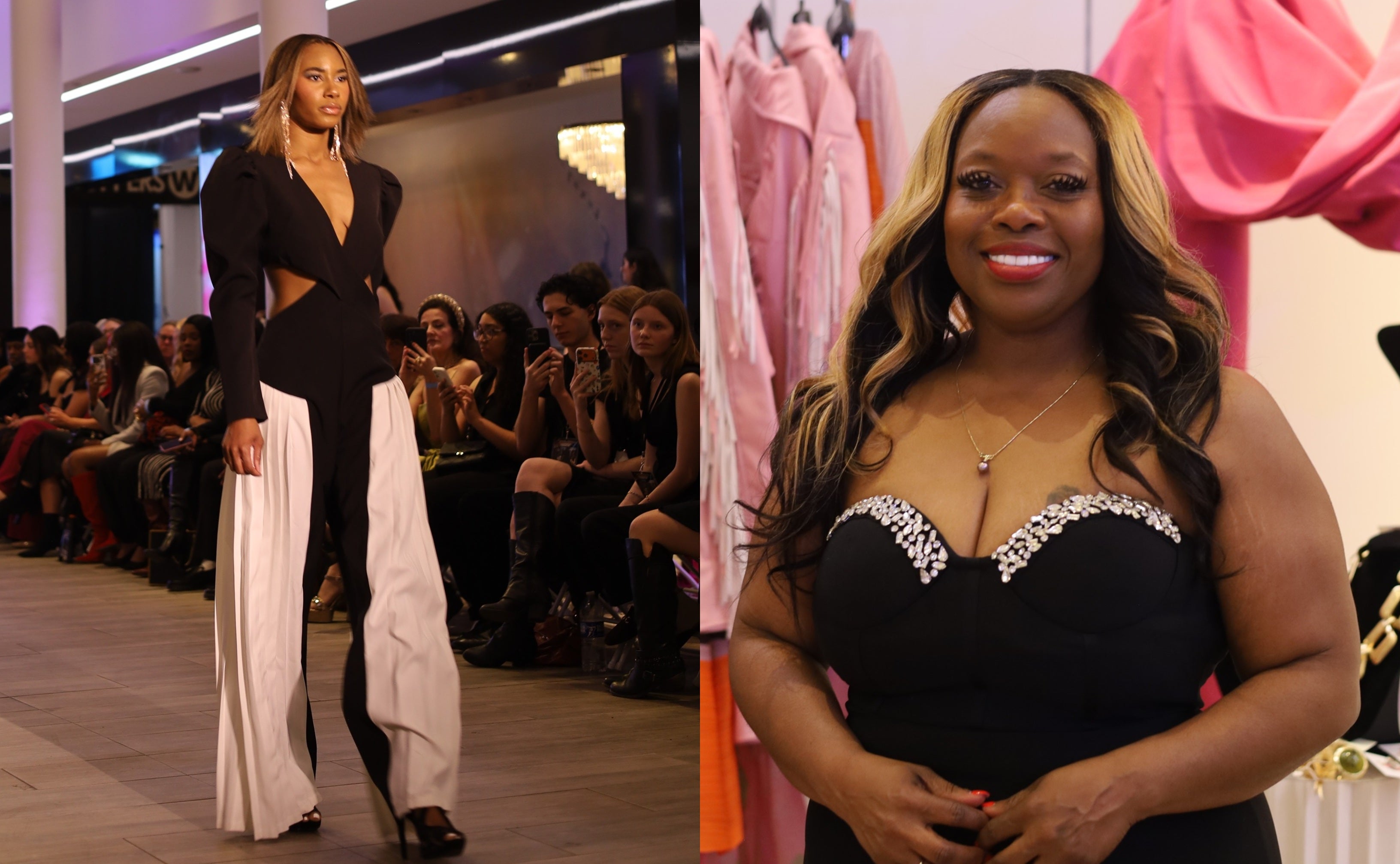 a photo of a model wearing a Keiko Myrtice dress, next to a photo of Keiko Myrtice