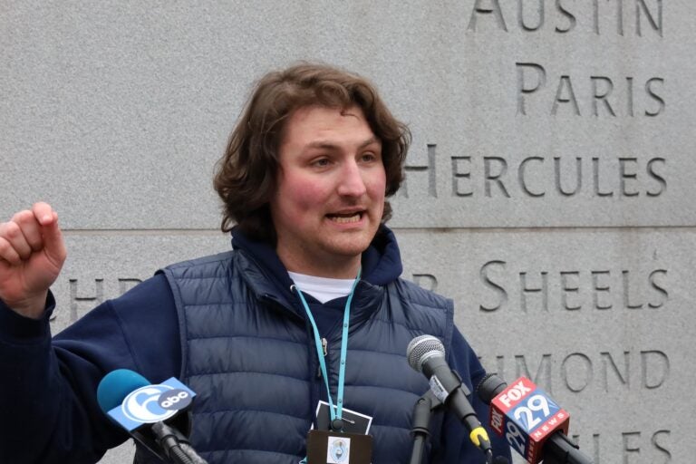 Stephen Pierce speaking at a press conference at the President's House Site