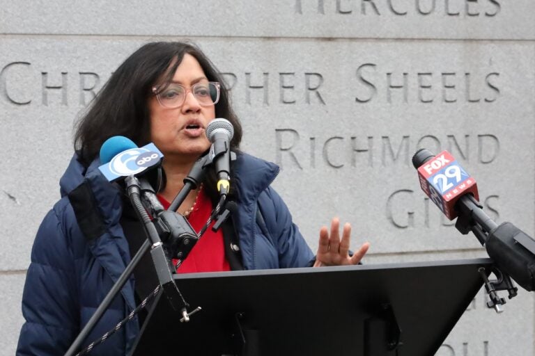 Nina Ahmad speaking at a press conference at the President's House Site