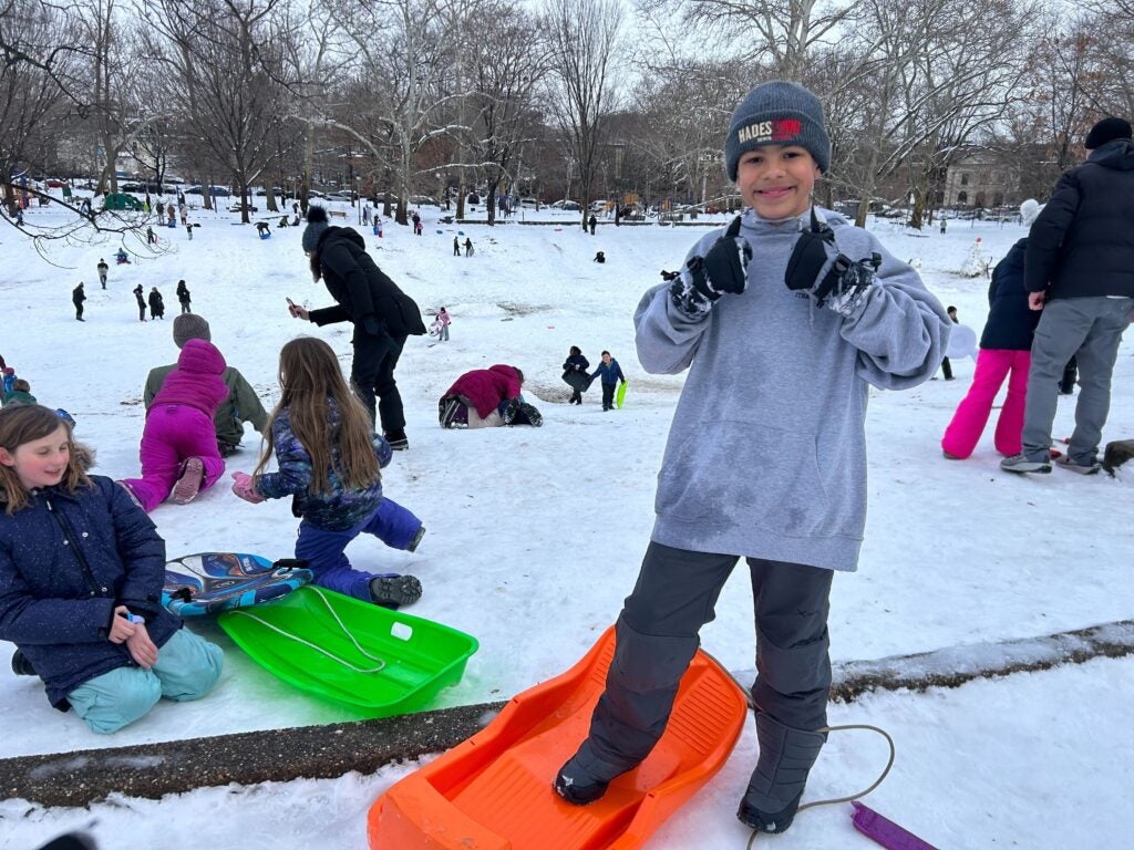 August Freelon sledded in Clark Park Monday