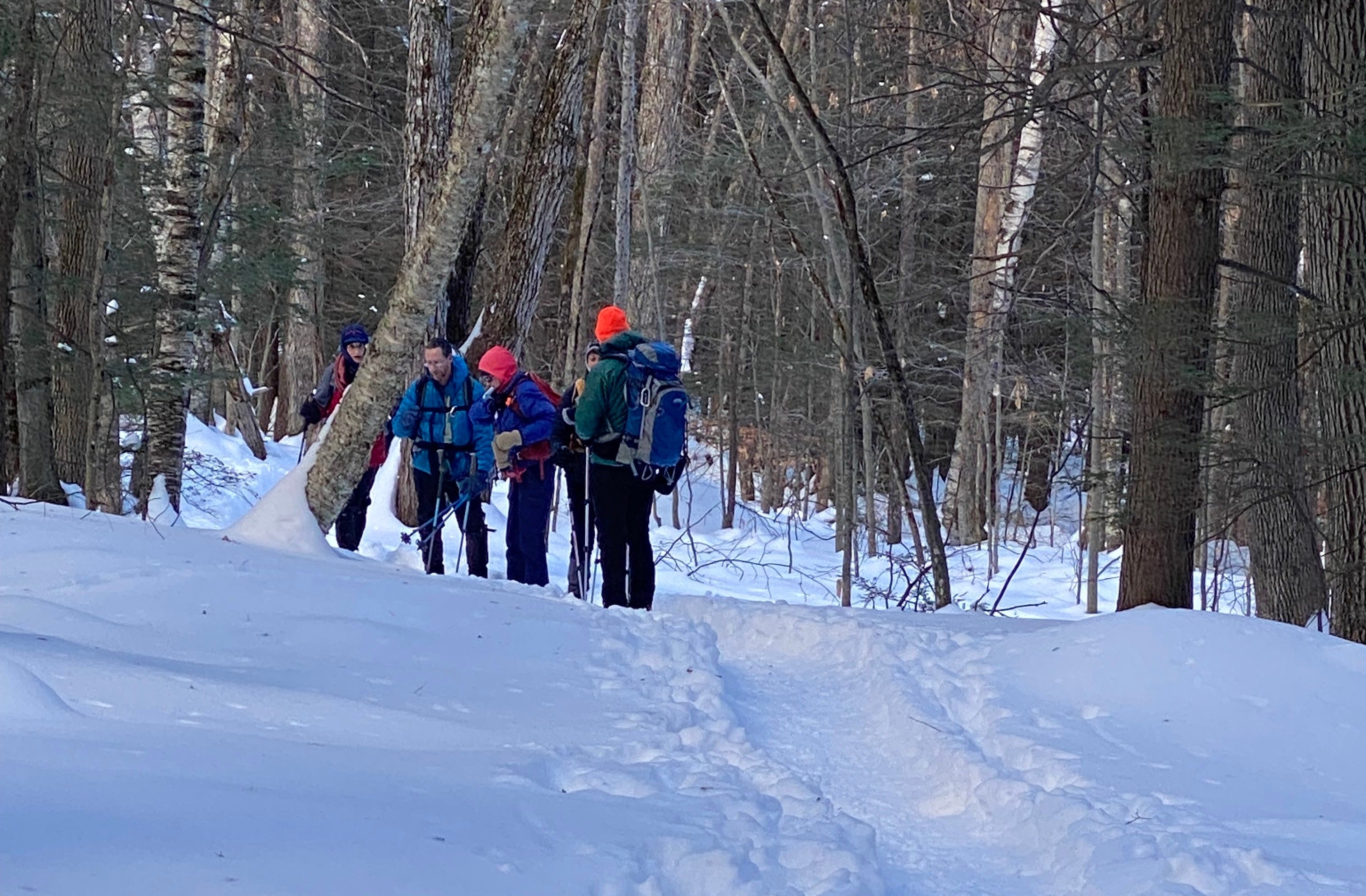 a group hikes in the snow