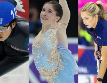 Team USA speedskater Andrew Heo (from left), figurestaker Isabeau Levito and curler Taylor Anderson-Heide