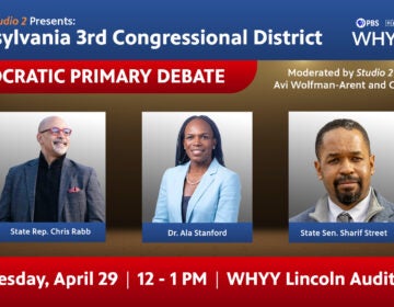 1920x1080_3rdCongressionalDebate Graphic for WHYY Studio 2 hosted debate PA 3rd Congressional district including Chris Rabb, Ala Stanford, and Sharif Street.