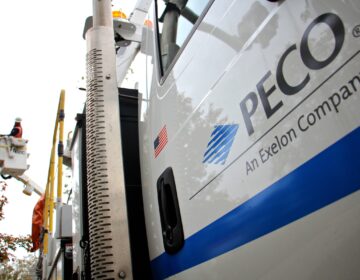 A PECO truck has the logo on the side, as a worker is using a lift to reach something high.