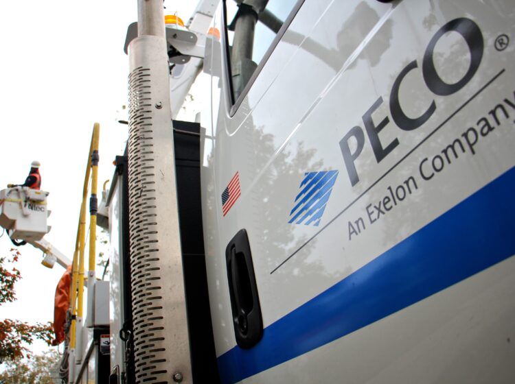 A PECO truck has the logo on the side, as a worker is using a lift to reach something high.
