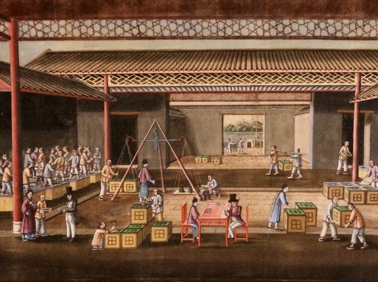 A close-up shot of a painting depicting people trading goods at a market