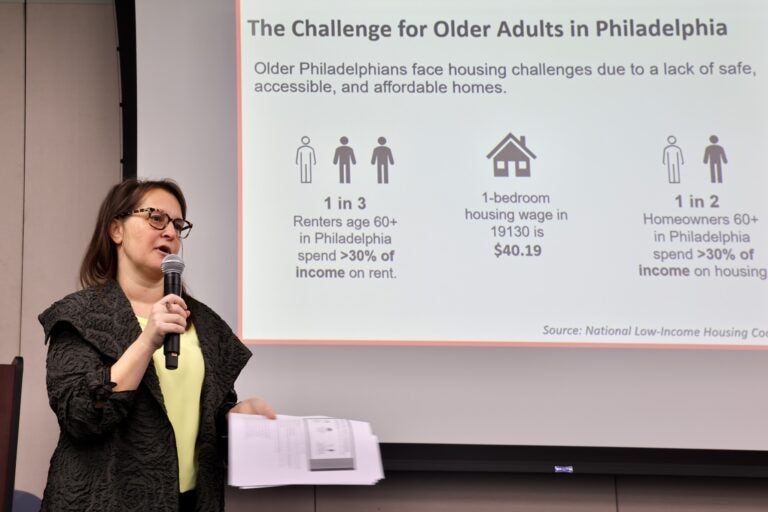 Laura Weinbaum is speaking and holding papers while giving a presentation.