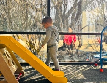 a child walks up a slide