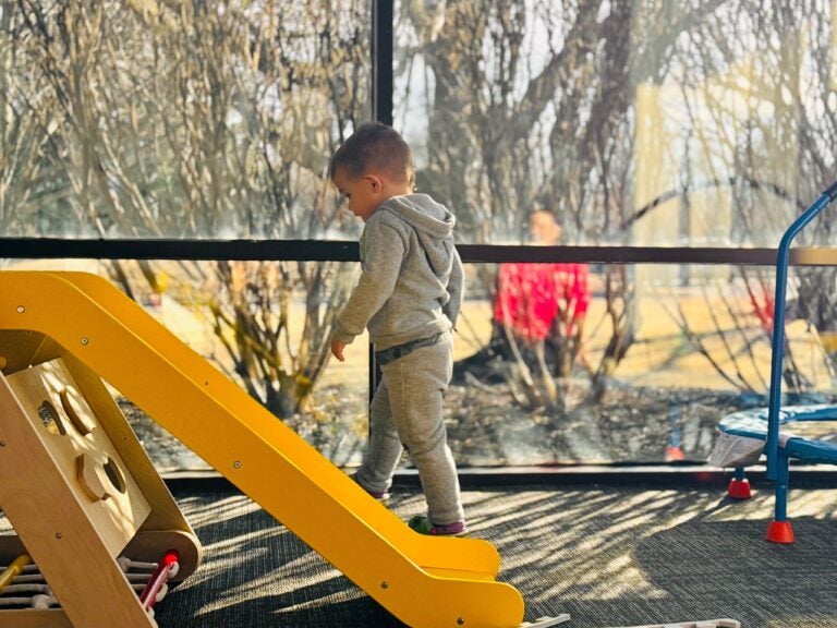 a child walks up a slide