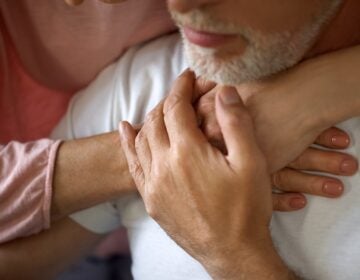 Loving Wife Hugging Disabled Husband, Spouse Support, Couple Affection, Care