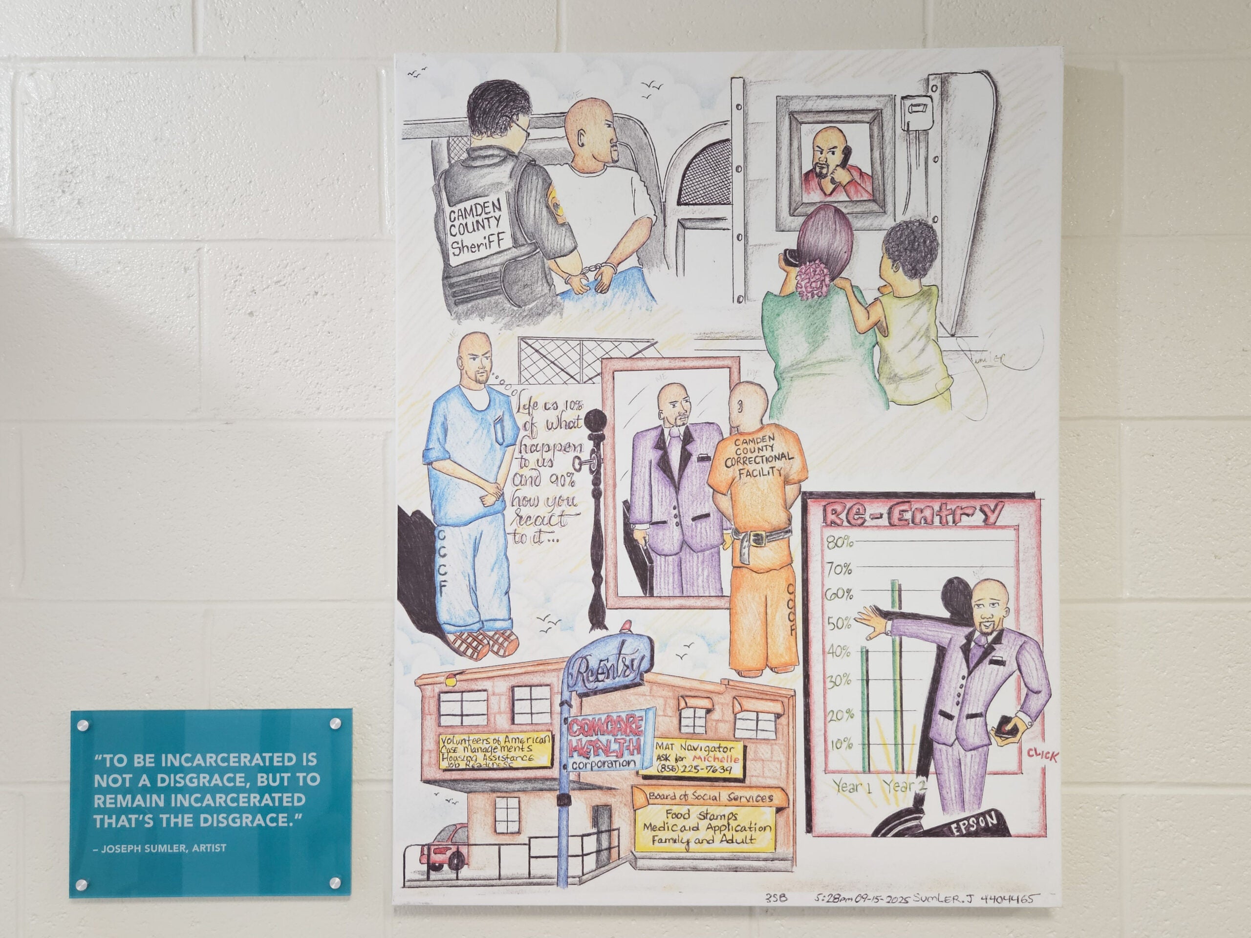 Art made by people who are currently or formerly incarcerated on a wall, next to a quote by artist Joseph Sumler reading TO BE INCARCERATED IS NOT A DISGRACE, BUT TO REMAIN INCARCERATED THAT'S THE DISGRACE