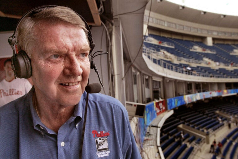 Philadelphia Phillies announcer Harry Kalas looks out over Veterans Stadium in Philadelphia