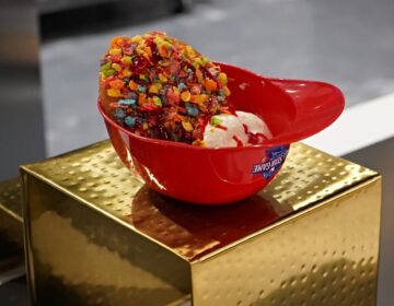 An ice cream sundae in a batting helmet