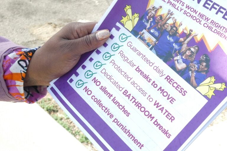 a flyer talks of guaranteed recess, regular breaks, protected water access, dedicated bathroom breaks, no silent lunches and no collective punishment