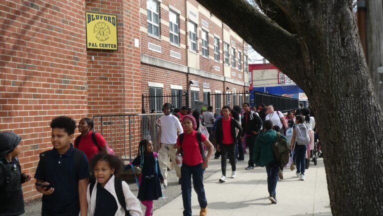 Students walking outside Bluford Elementary School