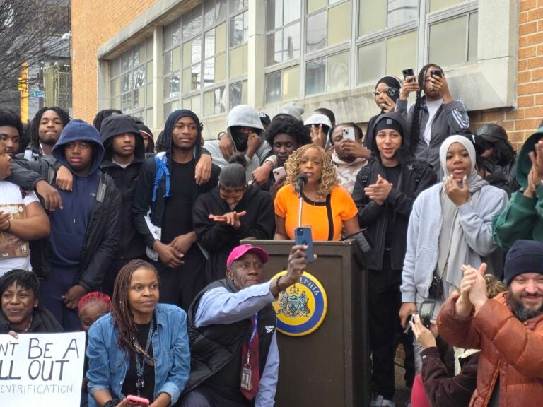 Jamie Gauthier speaks alongside students