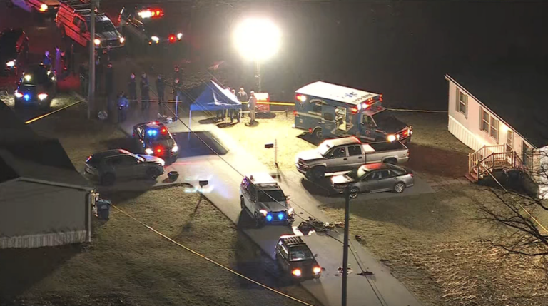 Authorities are seen responding to the fatal shooting of a state trooper in West Caln Township, Chester County