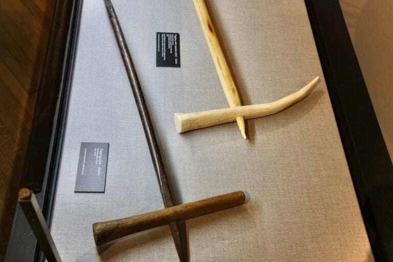 2 tools in a display case, one made out of bone and wood, and the other made from metal.