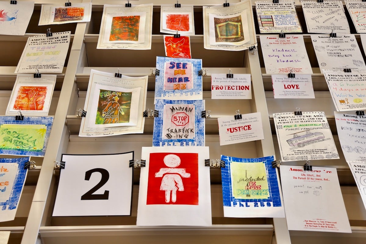 Prints on display for the Mural Arts' project, ''Printmaking by the People.''