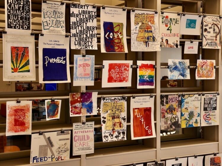 Prints on display for the Mural Arts' project, ''Printmaking by the People.''