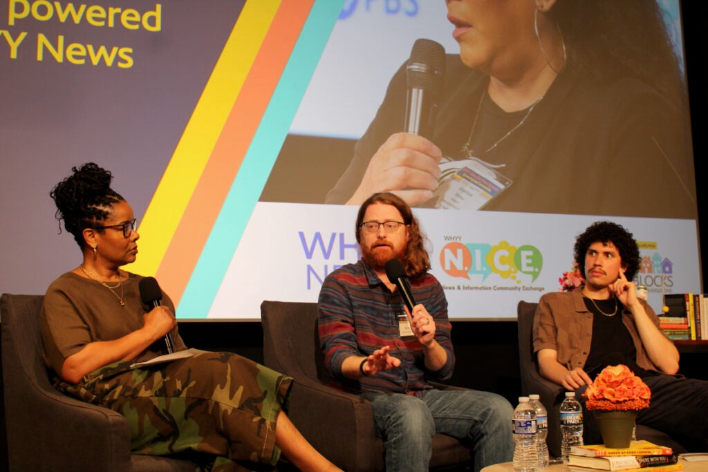 From left, Stephanie Humphrey, content creator and host of “Life and Tech with TechLifeSteph," Alex Pearlman, the content creator behind Pearlmania500, and Santiago Ortiz, content creator at No Shorts Media, speak at the WHYY Civic News Summit