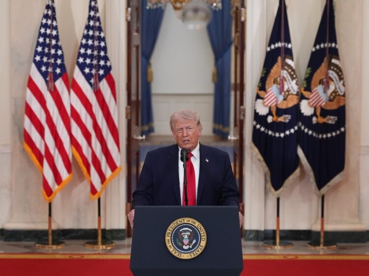 President Donald Trump speaks about the Iran war from the Cross Hall of the White House on Wednesday, April 1, 2026, in Washington. (AP Photo/Alex Brandon, Pool)