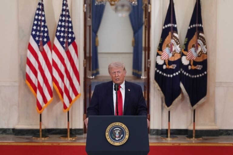 President Donald Trump speaks about the Iran war from the Cross Hall of the White House on Wednesday, April 1, 2026, in Washington. (AP Photo/Alex Brandon, Pool)