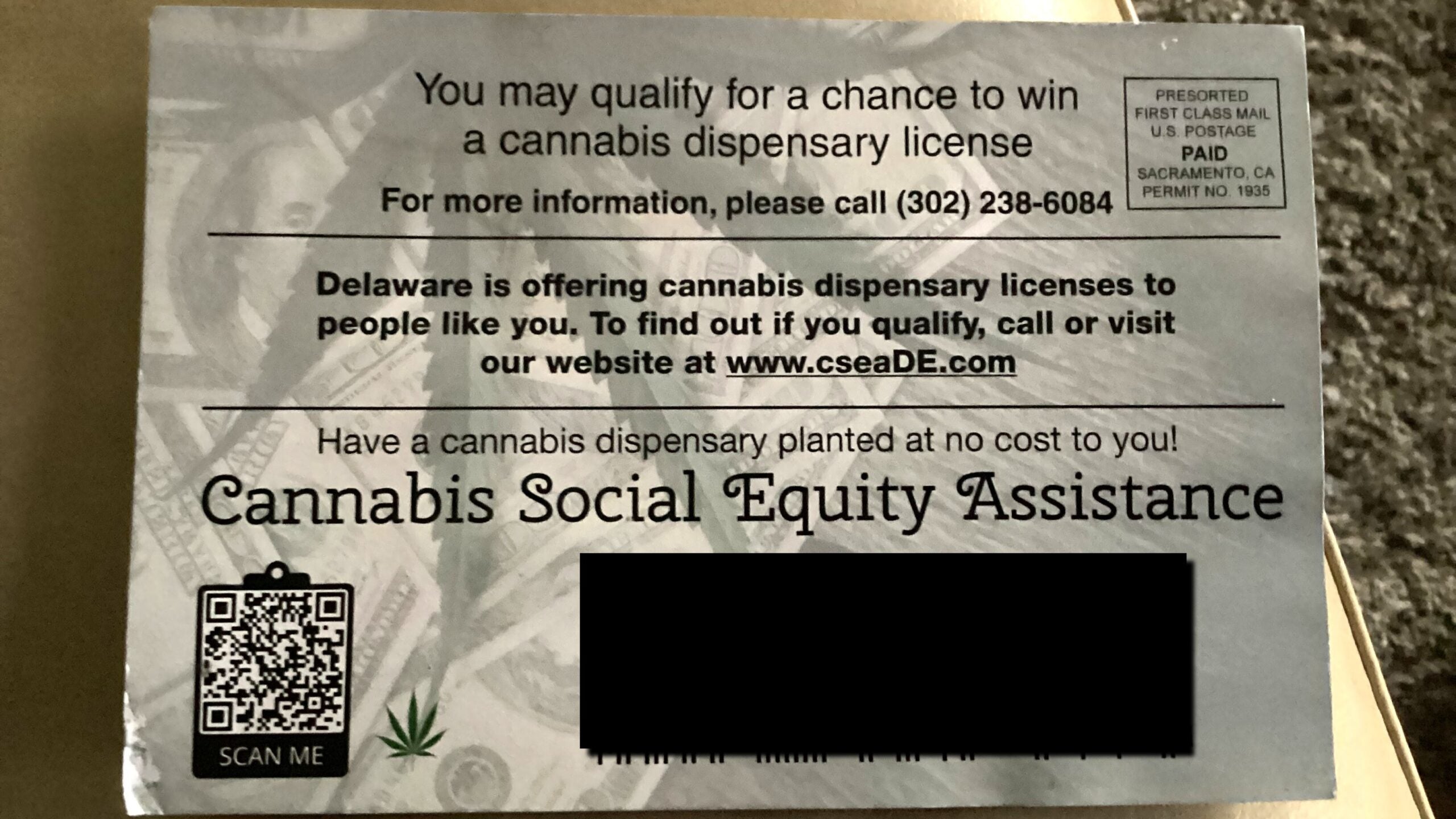 a postcard soliciting help with applying for a cannabis license