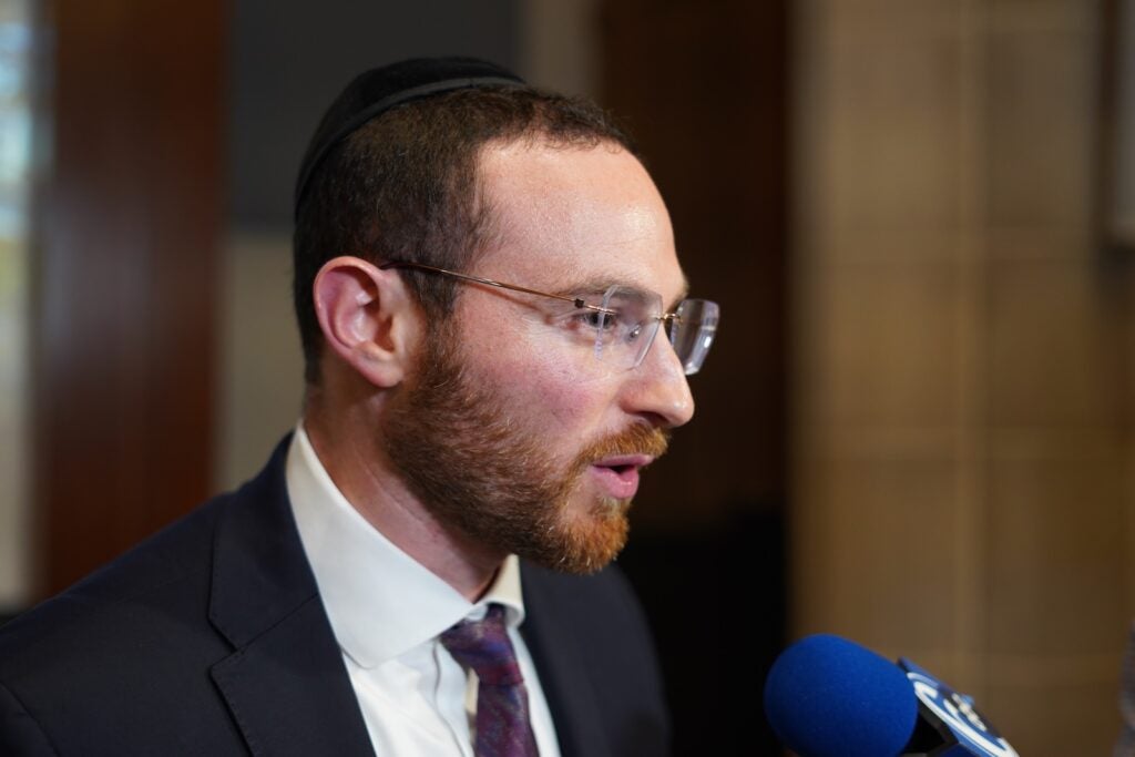 Yoel Polack fields questions from reporters following a town hall at Widener University on April 14, 2026