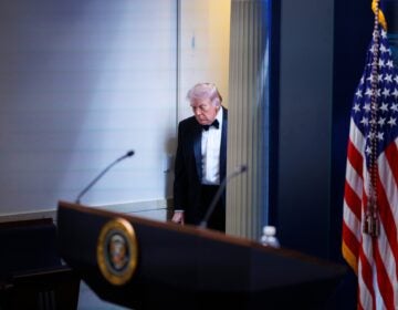President Donald Trump arrives at the James Brady Press Briefing Room at the White House