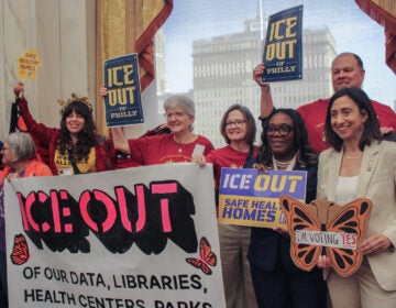Kendra Brooks and Rue Landau pose with activists holding up signs saying 'ICE Out'