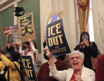Activists hold up signs in council chambers that say 'ICE Out'