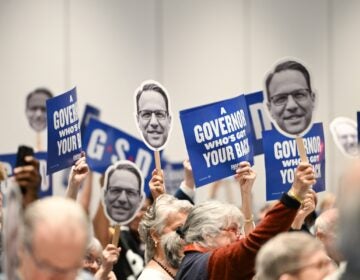 The crowd reacts to Pennsylvania Gov. Josh Shapiro