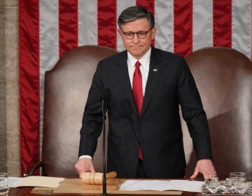 House Speaker Mike Johnson stands behind a podium