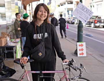 Cyclist Audrey Lee stopped for Philly Bike Action's 