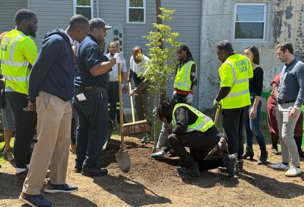 Workers are planting in the vacant lot.