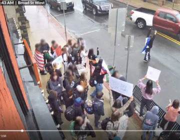 Surveillance photo of protesters blocking an entire sidewalk and one person in the middle of the street.