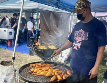 A vendor grills skewers of different meats