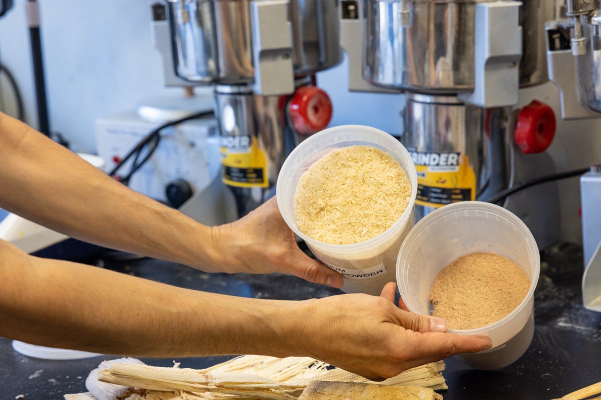 Sorghum powder made from plant matter in plastic containers