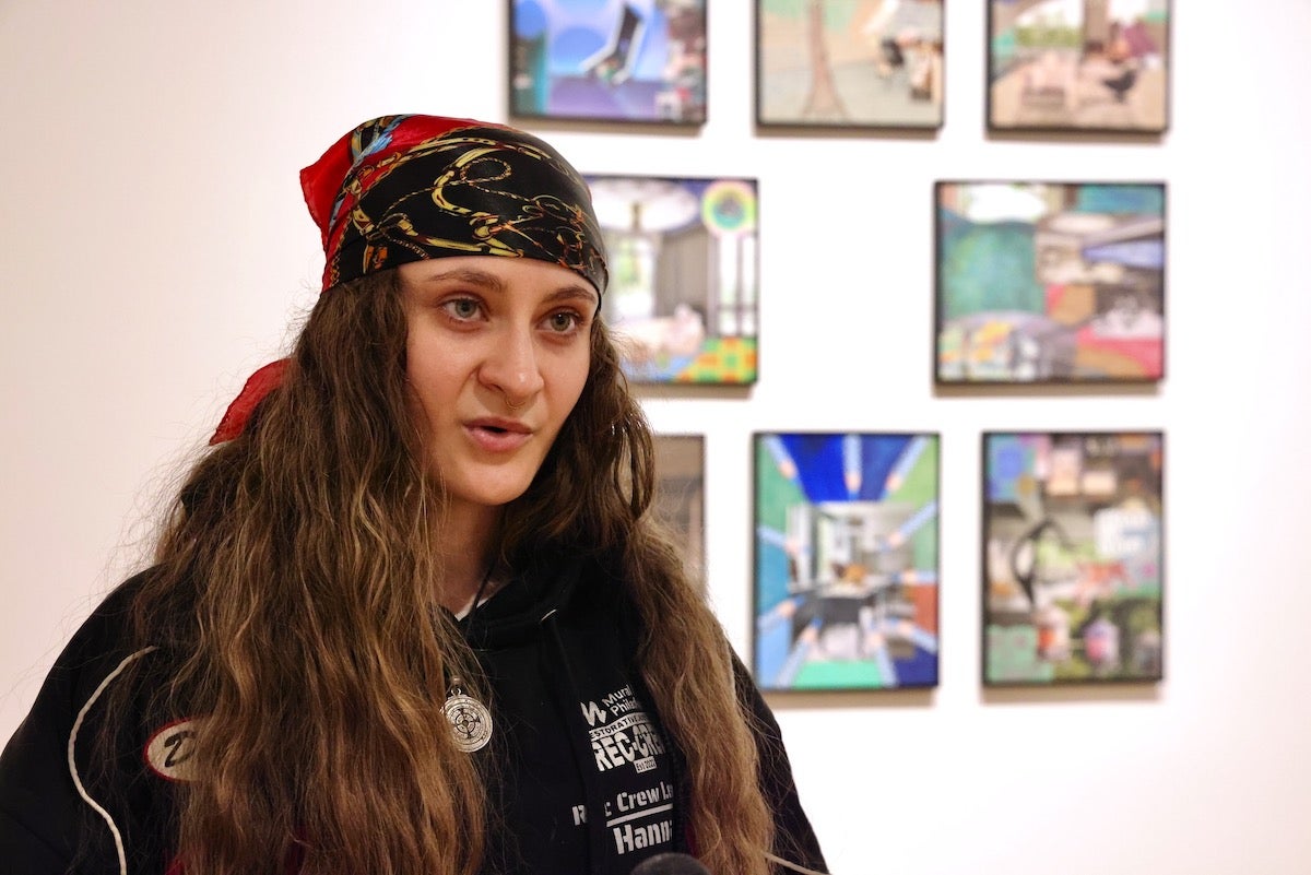Hannah Bickerts speaking at at the Fabric Workshop exhibit