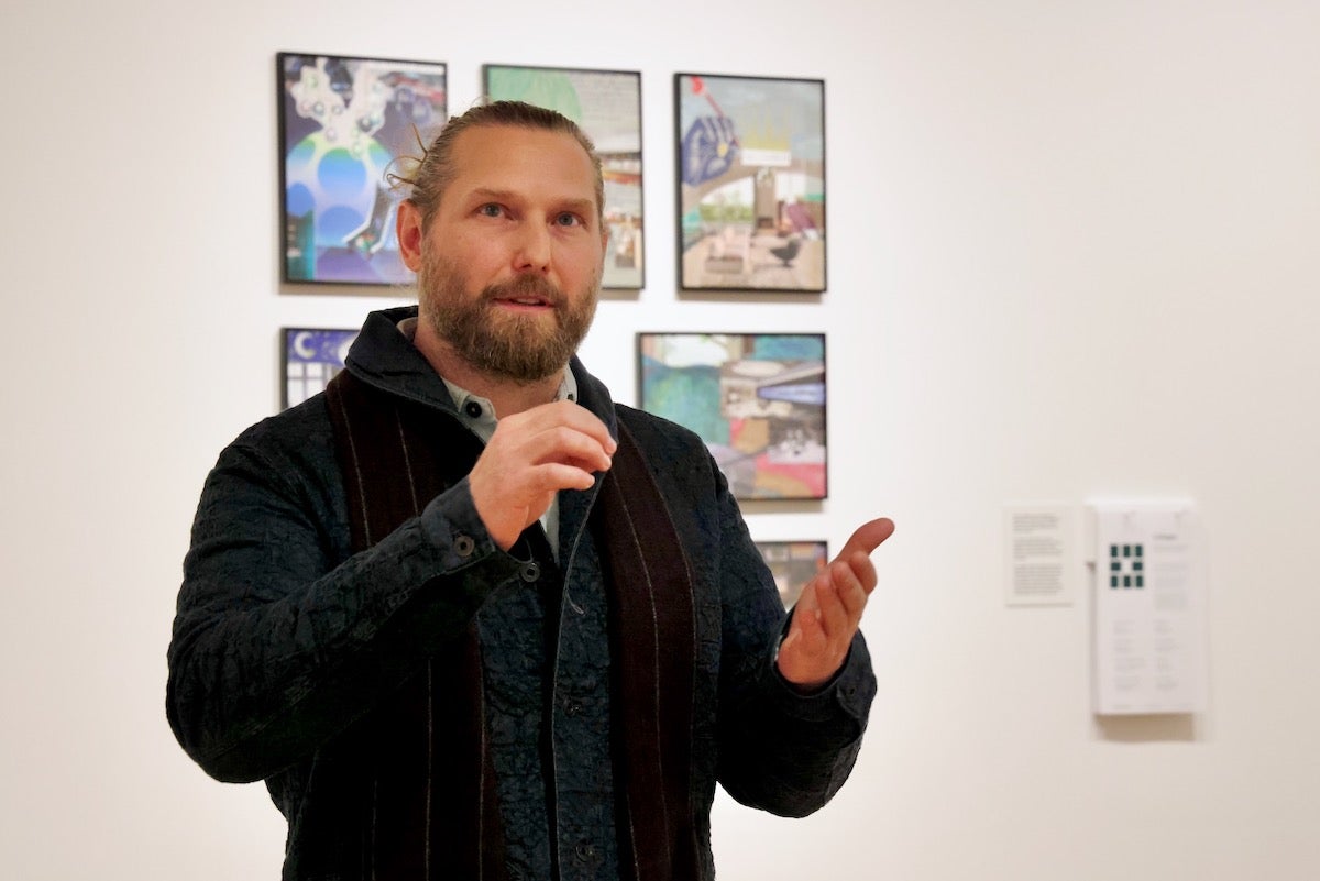 “Quilt Elegies” includes a prototype of Krimes’ fabric-based mural designed with people recently released from prison.