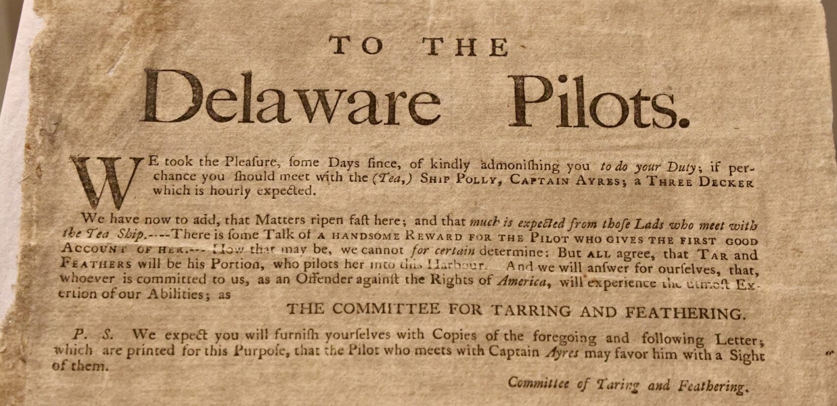 A broadside addressed to Delaware pilots advises them not to pilot any tea carrying vessels into the harbor and offers a reward for information