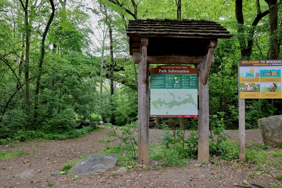 Signs on a Wissahickon Valley Park trail