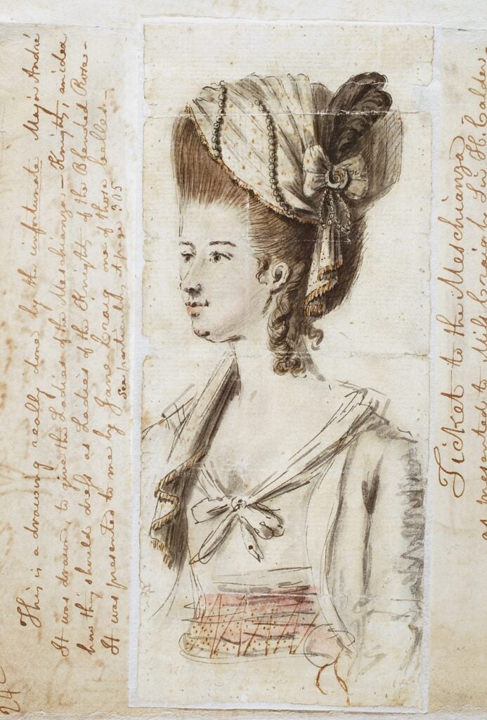 Illustration of proposed costume for women attending the Meschianza