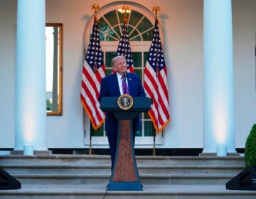 President Donald Trump speaks at a dinner for members of his administration and law enforcement organization leaders, during National Police Week, in the White House Rose Garden, Monday, May 11, 2026, in Washington. (AP Photo/Julia Demaree Nikhinson)