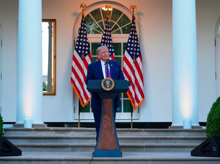 President Donald Trump speaks at a dinner for members of his administration and law enforcement organization leaders, during National Police Week, in the White House Rose Garden, Monday, May 11, 2026, in Washington. (AP Photo/Julia Demaree Nikhinson)